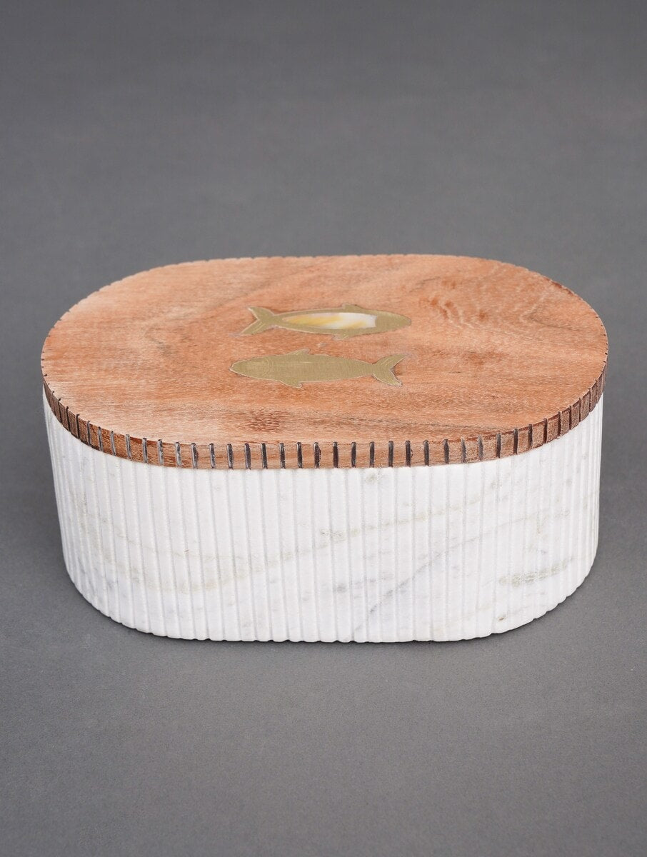 White Stone Fluted Storage Box with Wooden Lid