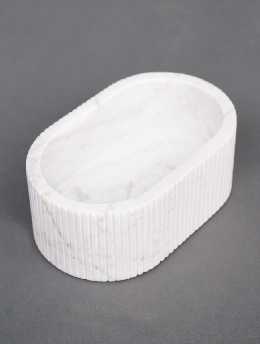 White Stone Fluted Storage Box with Wooden Lid