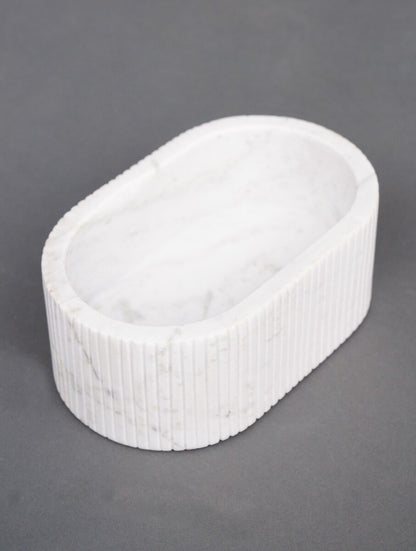 White Stone Fluted Storage Box with Wooden Lid