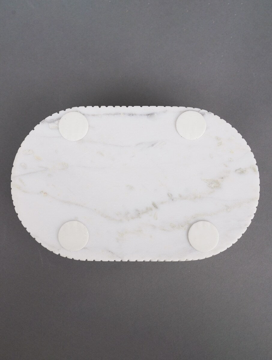 White Stone Fluted Storage Box with Wooden Lid