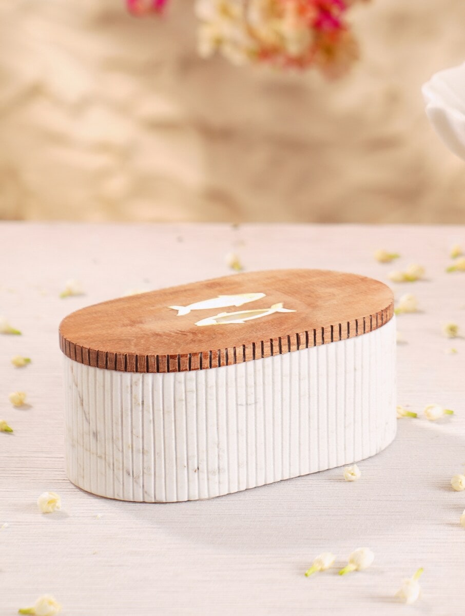 White Stone Fluted Storage Box with Wooden Lid