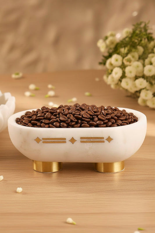 White Stone Oval Decorative Bowl with Metal Feet and Accents