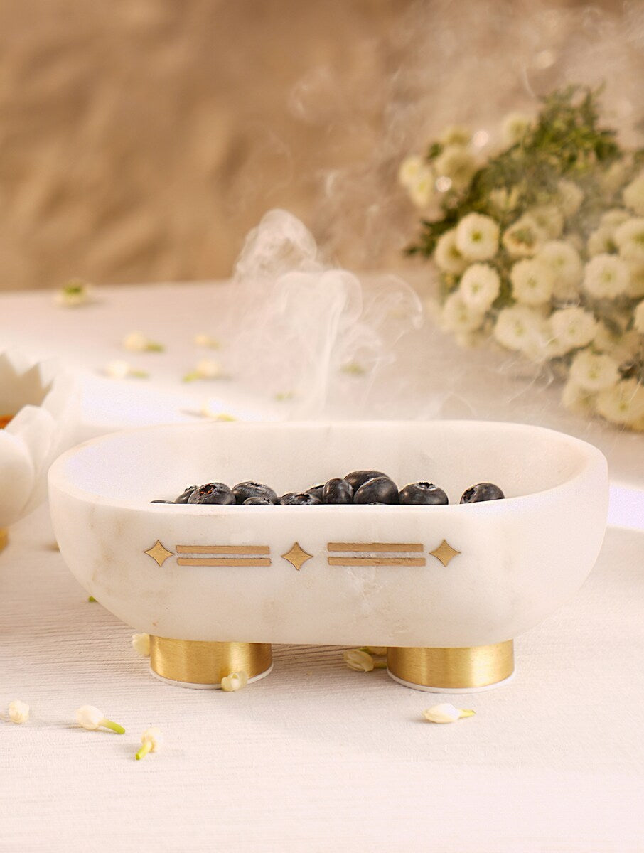 White Stone Oval Decorative Bowl with Metal Feet and Accents