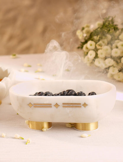 White Stone Oval Decorative Bowl with Metal Feet and Accents