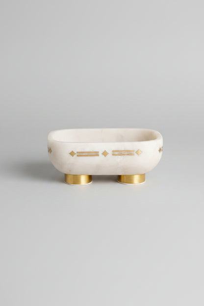 White Stone Oval Decorative Bowl with Metal Feet and Accents