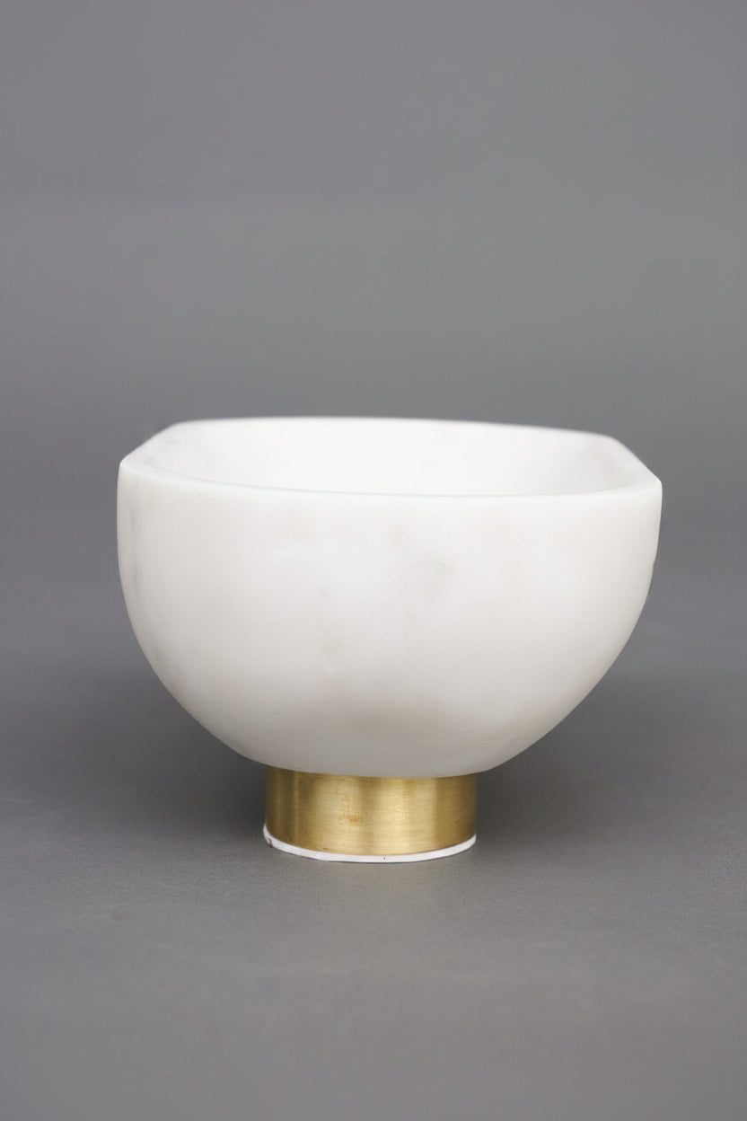 White Stone Oval Decorative Bowl with Metal Feet and Accents