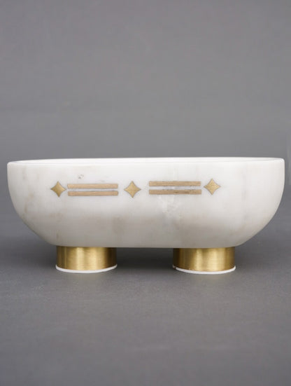 White Stone Oval Decorative Bowl with Metal Feet and Accents