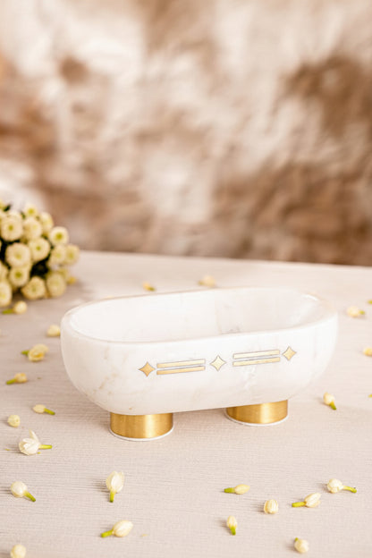 White Stone Oval Decorative Bowl with Metal Feet and Accents