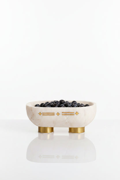 White Stone Oval Decorative Bowl with Metal Feet and Accents