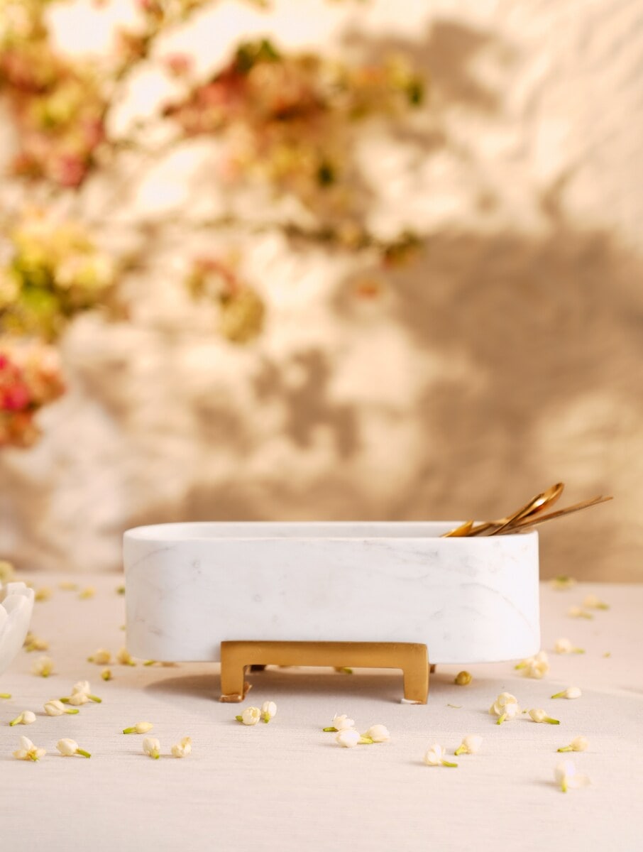 White Stone Oval Bowl with Metal Stand