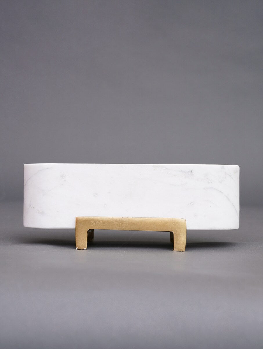 White Stone Oval Bowl with Metal Stand