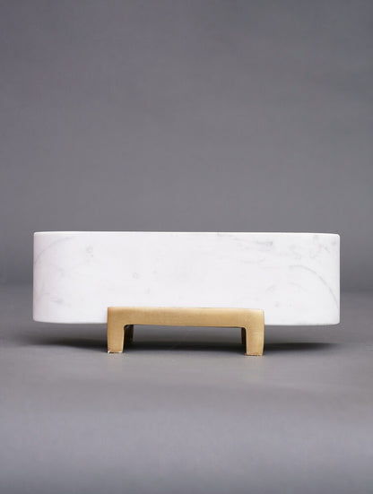 White Stone Oval Bowl with Metal Stand