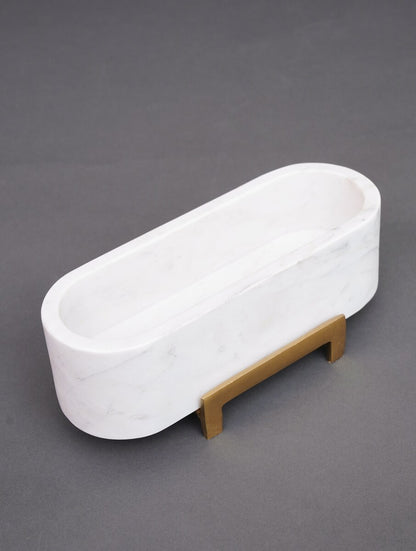 White Stone Oval Bowl with Metal Stand