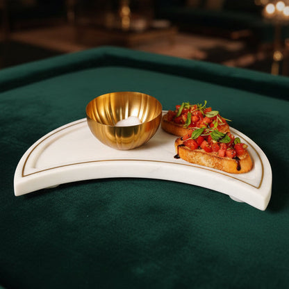 White Marble Crescent Platter with Metal Bowl