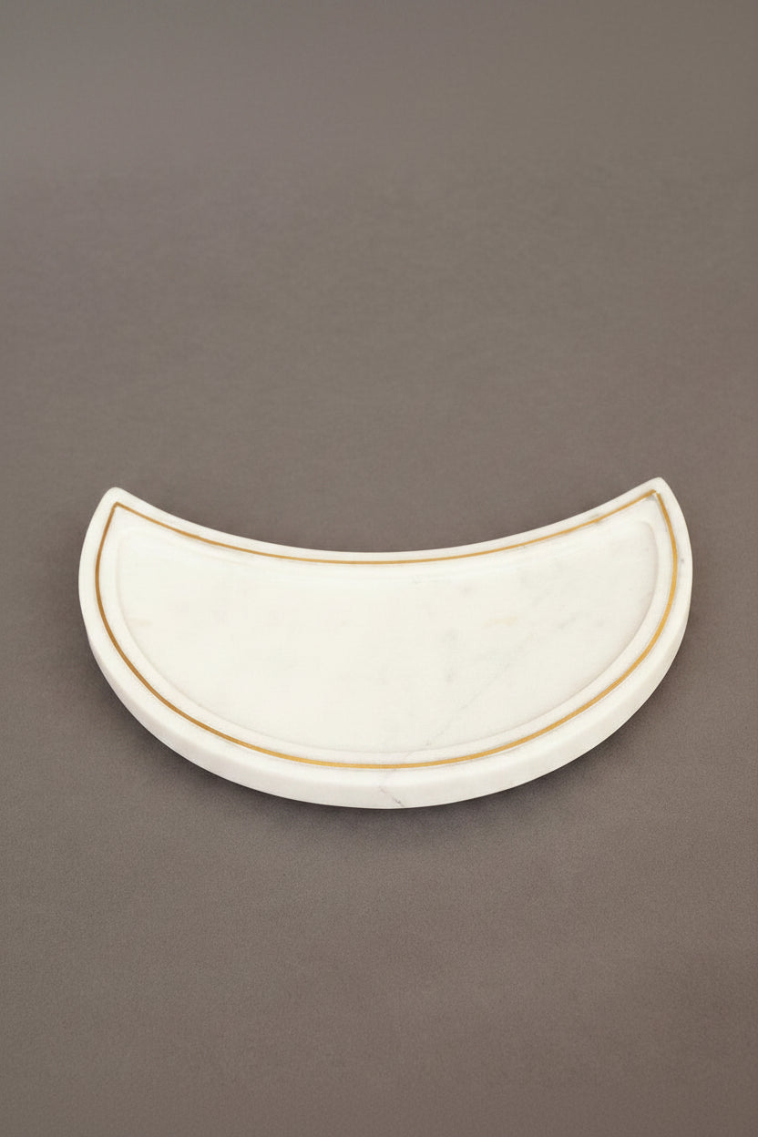 White Marble Crescent Platter with Metal Bowl