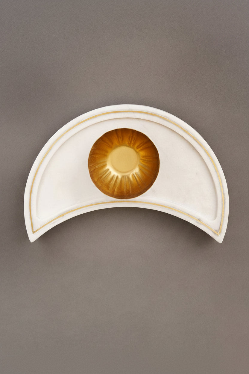 White Marble Crescent Platter with Metal Bowl
