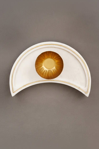 White Marble Crescent Platter with Metal Bowl