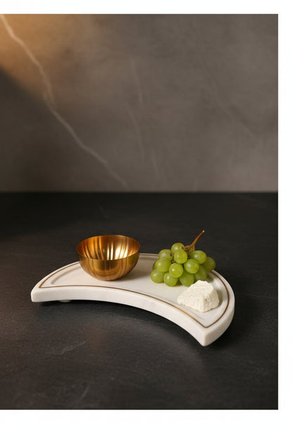 White Marble Crescent Platter with Metal Bowl