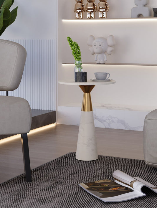 White Marble Round Pedestal Side Table with Metal Detail