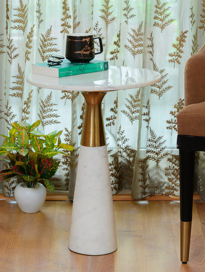 White Marble Round Pedestal Side Table with Metal Detail