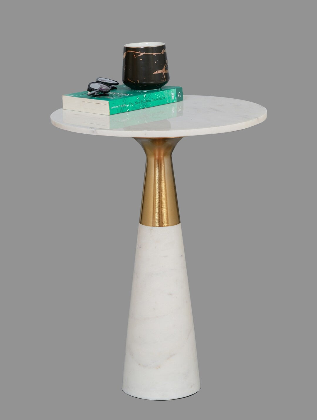 White Marble Round Pedestal Side Table with Metal Detail