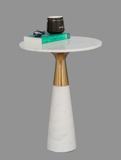 White Marble Round Pedestal Side Table with Metal Detail