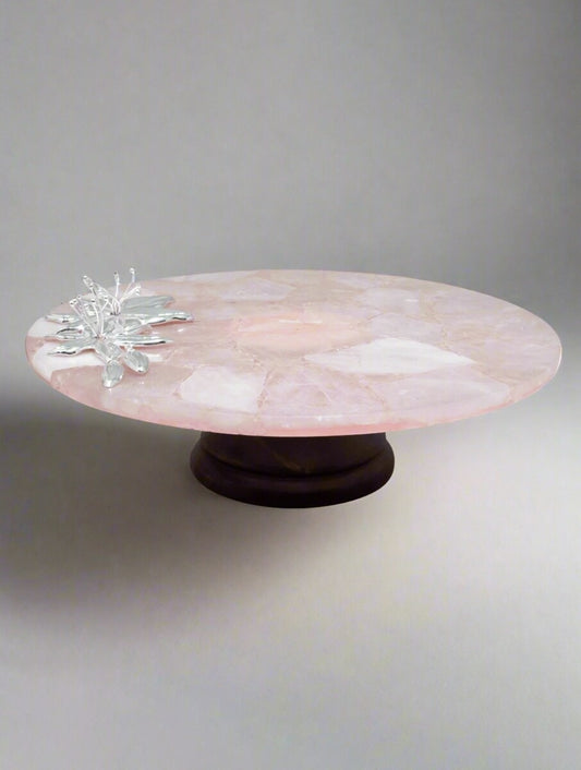 Rose Quartz Cake Stand with Metal Floral Detail
