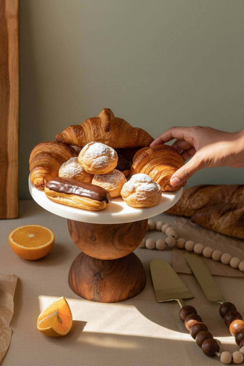 Marble Cake Stand with Brown Wooden Base