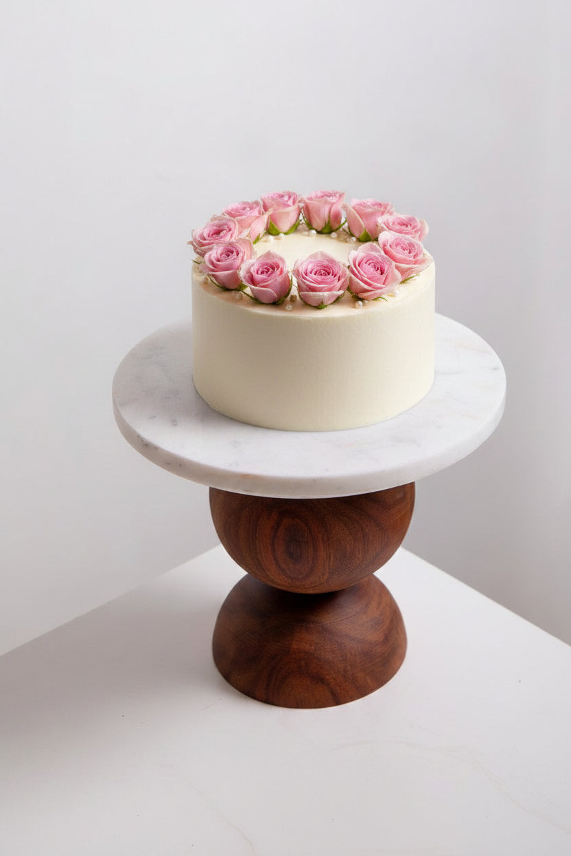 Marble Cake Stand with Brown Wooden Base