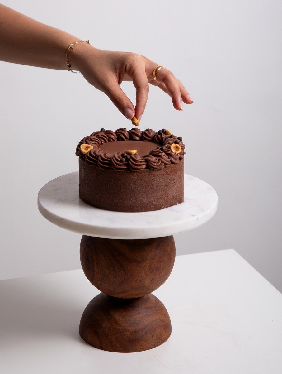 Marble Cake Stand with Brown Wooden Base