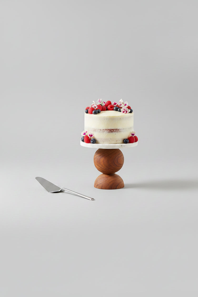 Marble Cake Stand with Brown Wooden Base