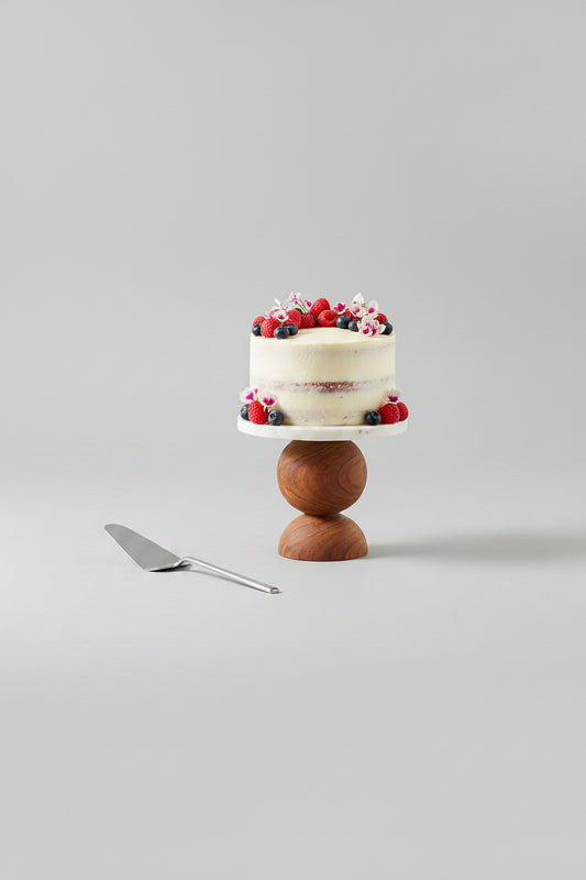 Marble Cake Stand with Brown Wooden Base
