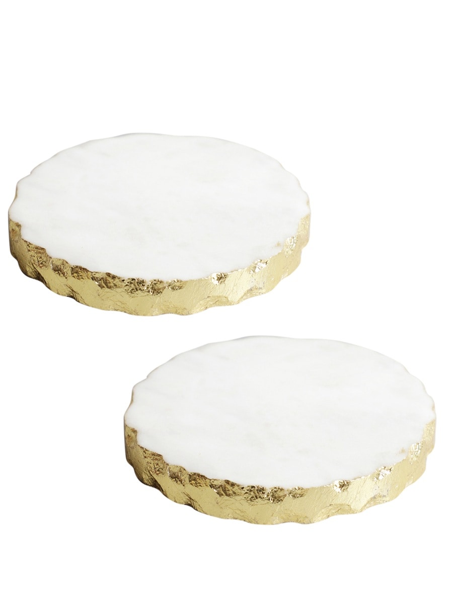 White Marble Round Coasters with Metal Edge – Set of Two