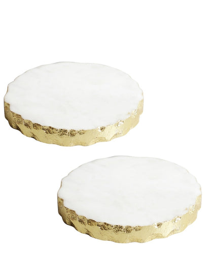 White Marble Round Coasters with Metal Edge – Set of Two