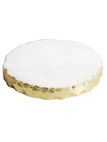 White Marble Round Coasters with Metal Edge – Set of Two