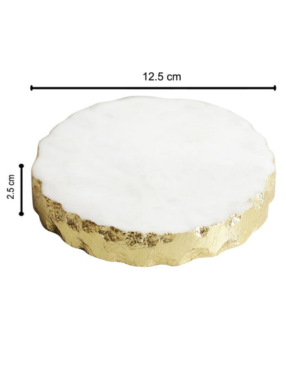 White Marble Round Coasters with Metal Edge – Set of Two