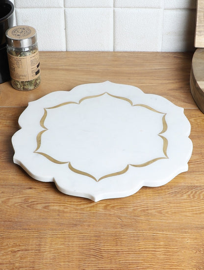 White Marble Scalloped Platter with Metal Inlay