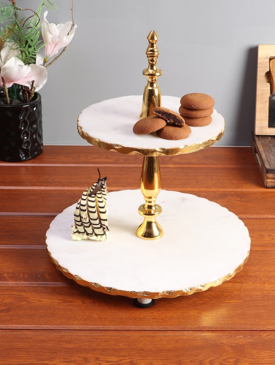 White Marble Two-Tier Serving Stand with Metal Details