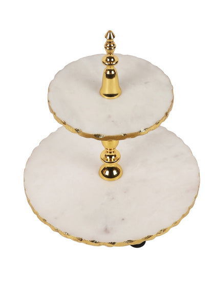 White Marble Two-Tier Serving Stand with Metal Details