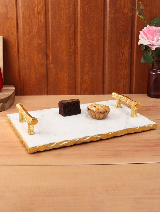 White Marble Rectangular Tray with Textured Metal Handles