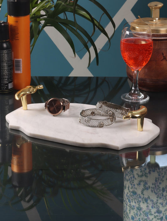 White Marble Abstract Tray with Sculptural Metal Handles