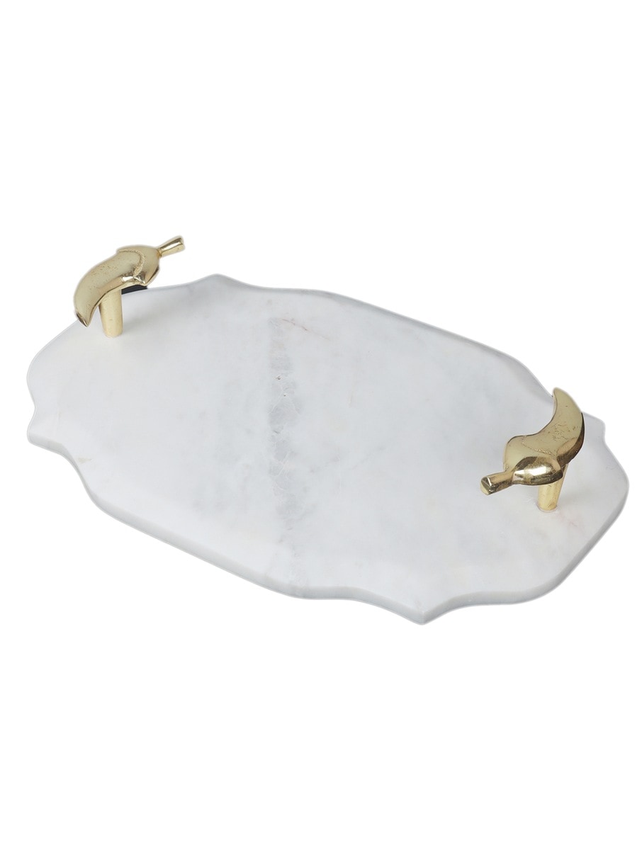 White Marble Abstract Tray with Sculptural Metal Handles