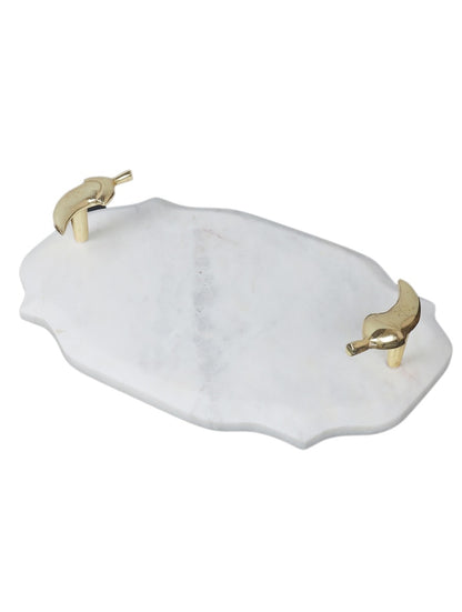 White Marble Abstract Tray with Sculptural Metal Handles