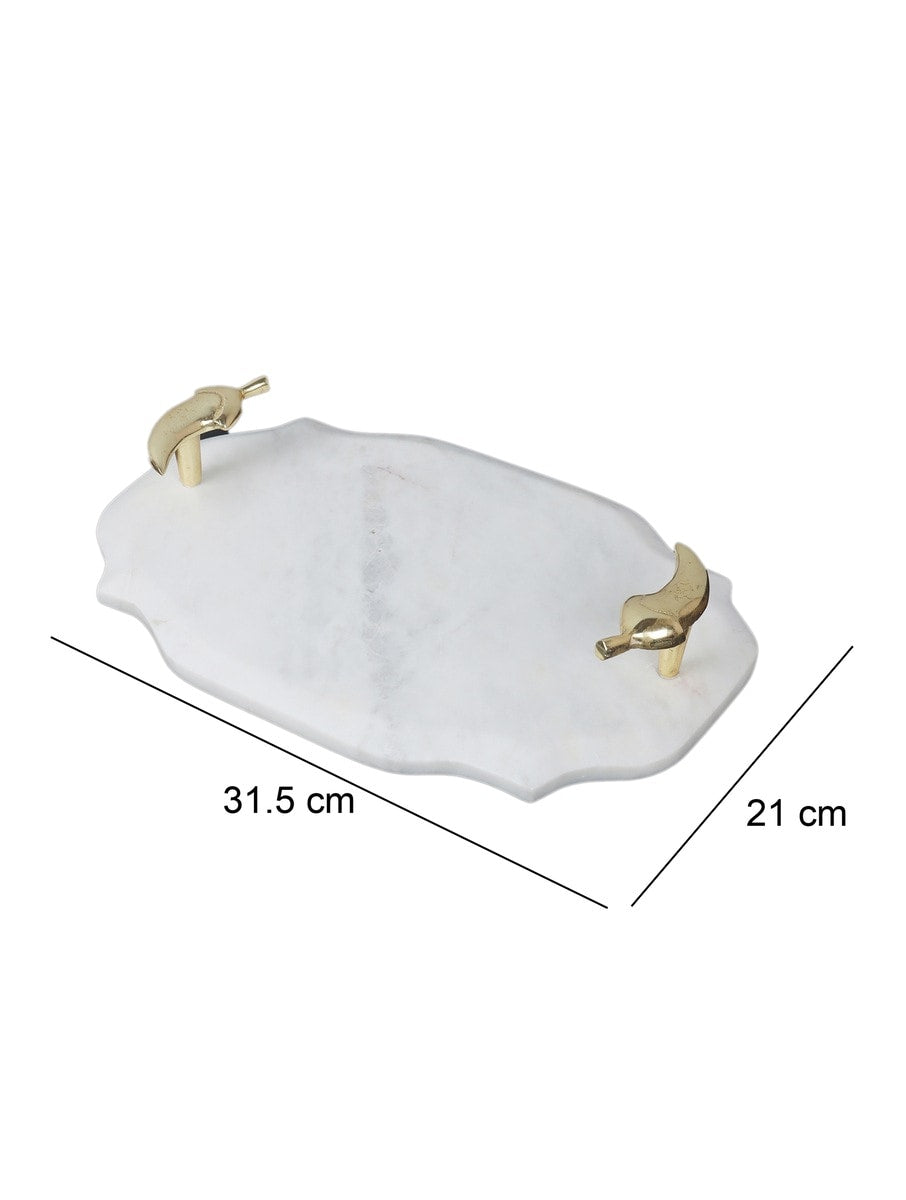 White Marble Abstract Tray with Sculptural Metal Handles