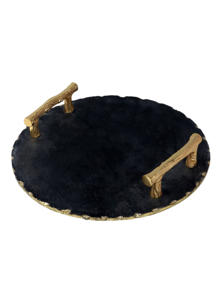 Black Marble Round Serving Tray with Metal Handles