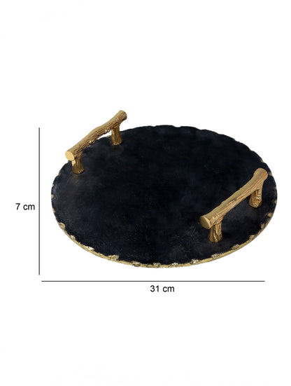 Black Marble Round Serving Tray with Metal Handles