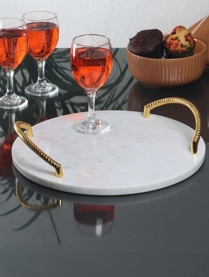 White Marble Round Serving Tray with Metal Handles