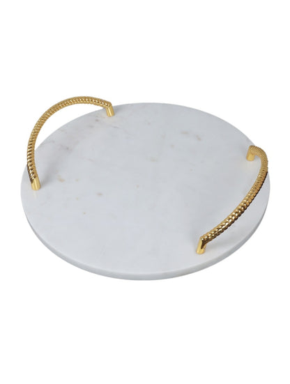 White Marble Round Serving Tray with Metal Handles