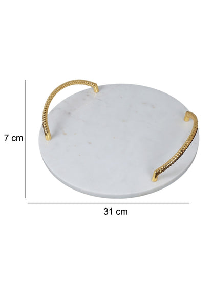White Marble Round Serving Tray with Metal Handles