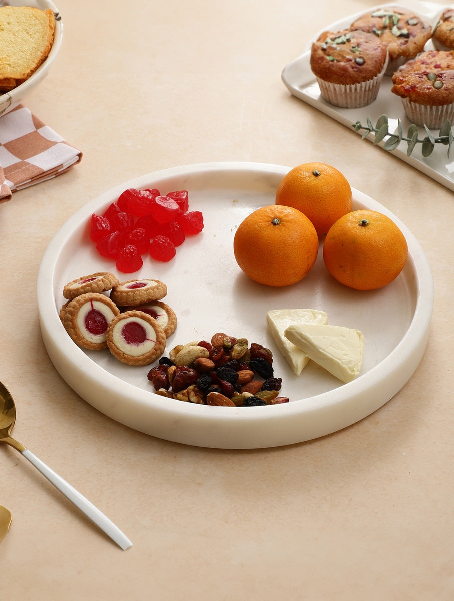 White Marble Round Tray with Raised Rim